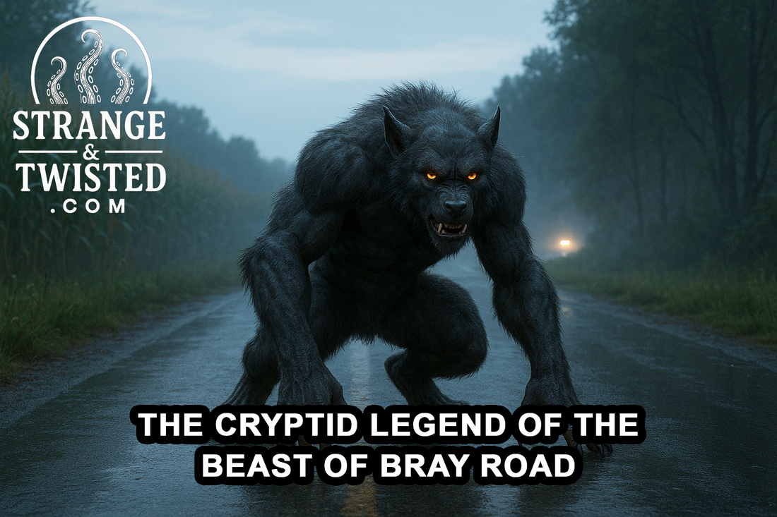 Ultra HD photorealistic image of the Beast of Bray Road standing upright on a rural Wisconsin road at dusk, with dark fur, glowing amber eyes, and sharp claws illuminated by soft golden twilight and misty surroundings. By Strange & Twisted