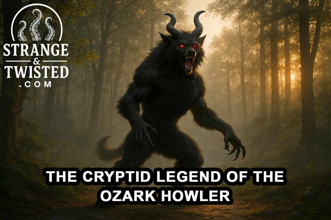 Ultra HD photorealistic image of the Ozark Howler standing upright on hind legs in a misty forest at dawn, with glowing red eyes, sharp horns, and dark fur illuminated by golden light through the trees. By Strange & Twisted