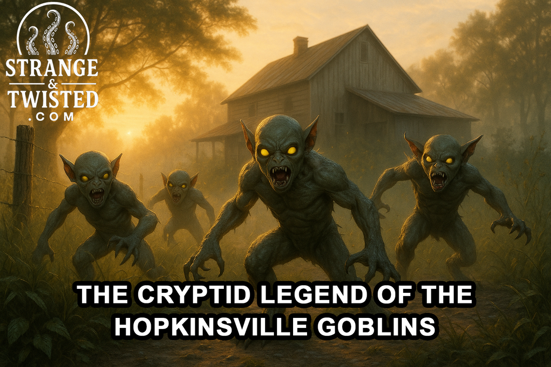Ultra HD photorealistic image of multiple Hopkinsville Goblins with glowing yellow eyes and gray-green skin swarming a sunrise-lit farmhouse, snarling and crouched aggressively in tall grass and mist. By Strange & Twisted