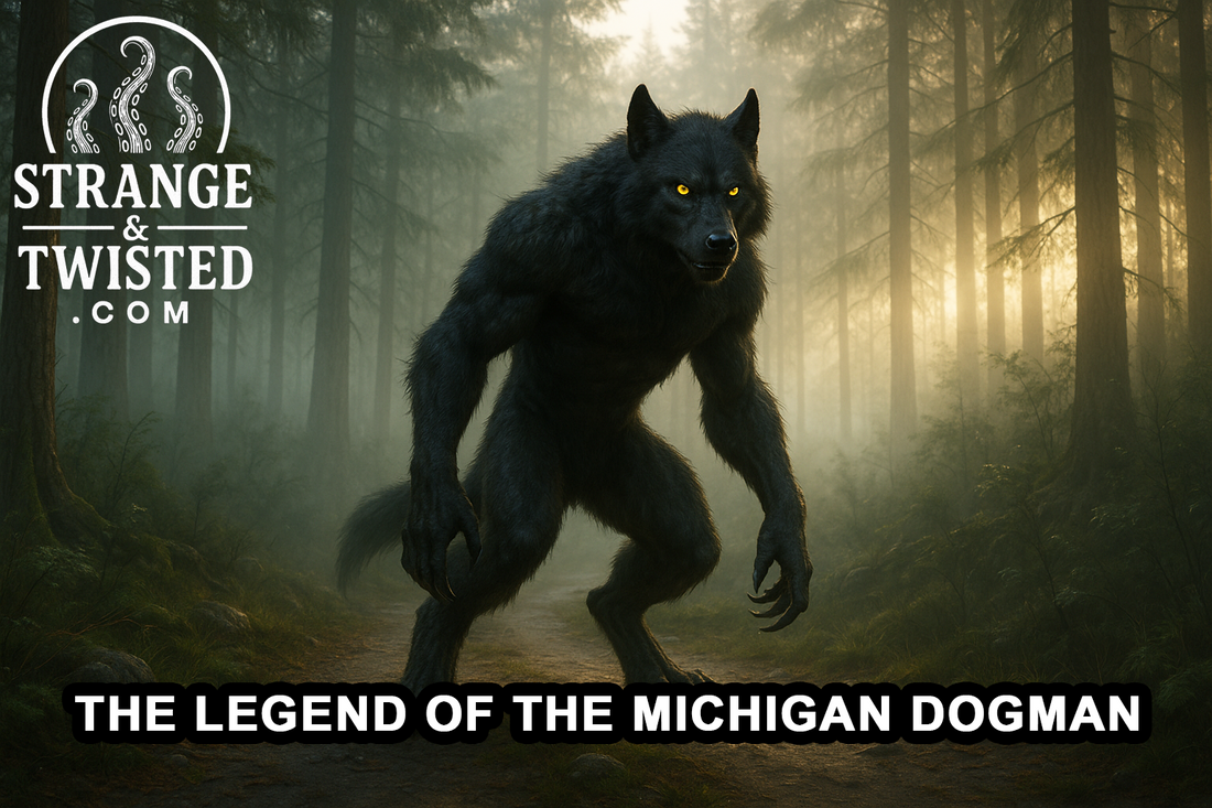 Ultra HD photorealistic image of the Michigan Dogman standing on a misty pine forest trail at dawn, glowing yellow eyes piercing through fog as morning sunlight filters between trees. By Strange & Twisted