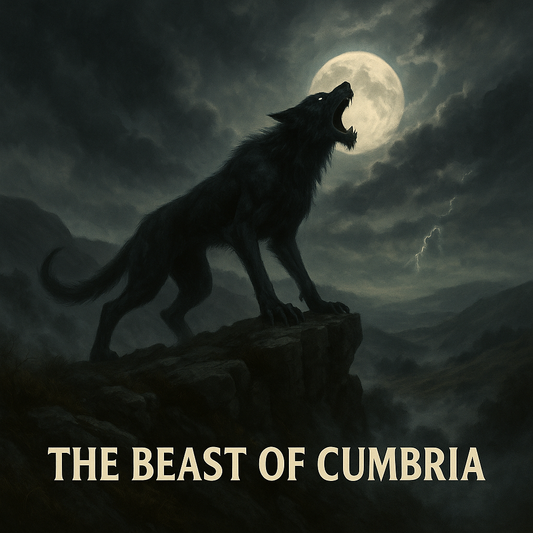 Illustration of the Beast of Cumbria, a monstrous black cryptid standing on a rocky cliff edge, howling into a stormy night sky with moonlight and mist over the rugged hills.