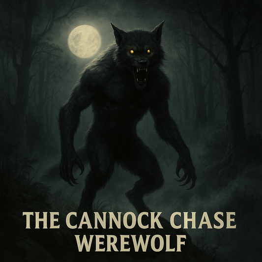 Illustration of the Cannock Chase Werewolf, a muscular wolf-like cryptid with glowing yellow eyes and sharp fangs, standing menacingly in a foggy moonlit forest.