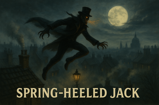 Landscape gothic illustration of Spring-Heeled Jack leaping across foggy Victorian London rooftops, with glowing red eyes, clawed hands, and fire spewing from his mouth under a full moon