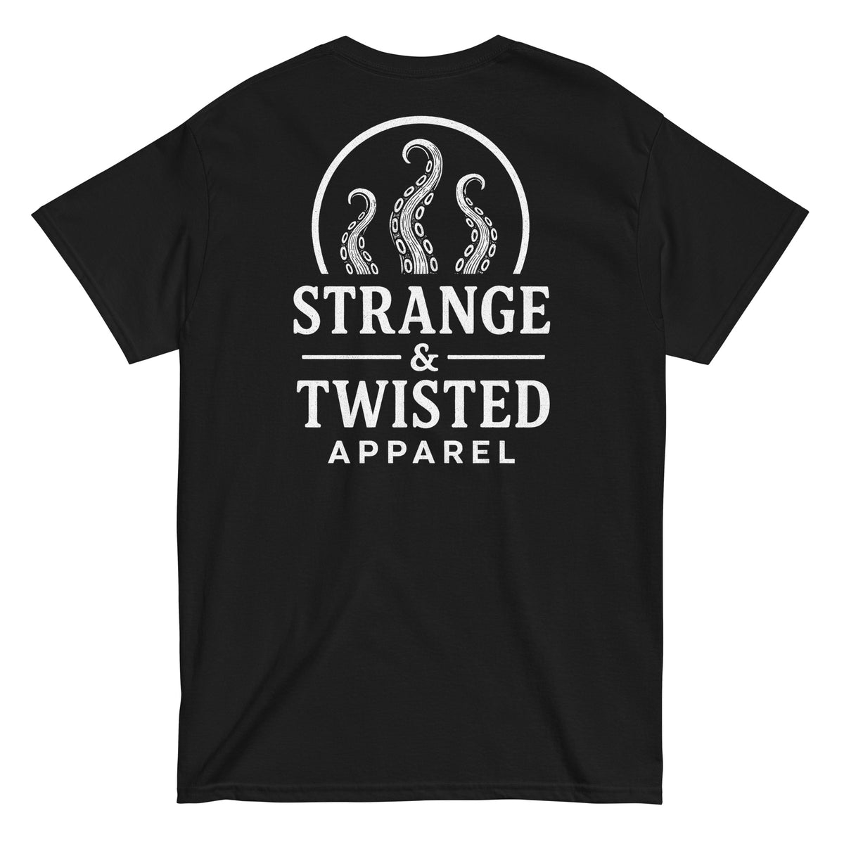 Strange and Twisted logo t shirt back view, front and back print with brand logo on black