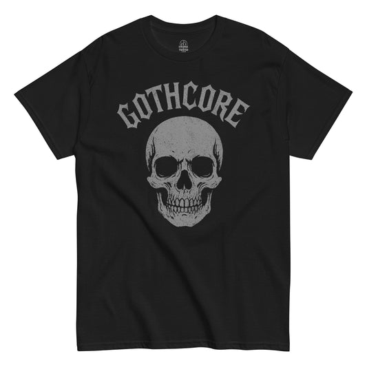 Gothcore skull gothic alternative T-shirt in black with bold skull graphic and GOTHCORE text, dark goth apparel By StrangeAndTwisted.Com