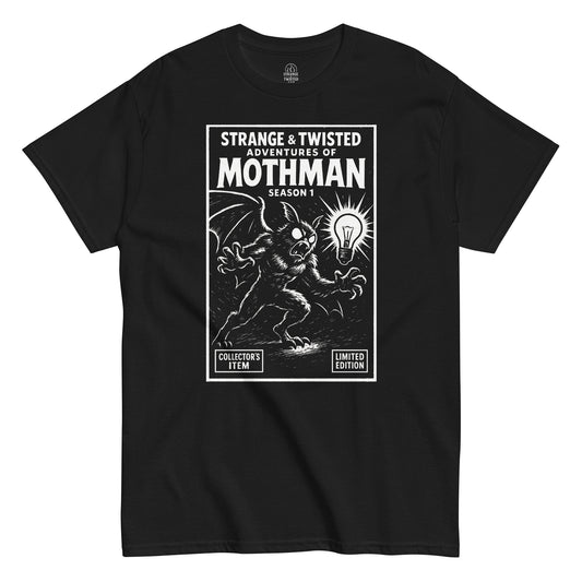 Retro cryptid T-shirt in black featuring Mothman comic book style illustration with Strange and Twisted Adventures text, By StrangeAndTwisted.Com