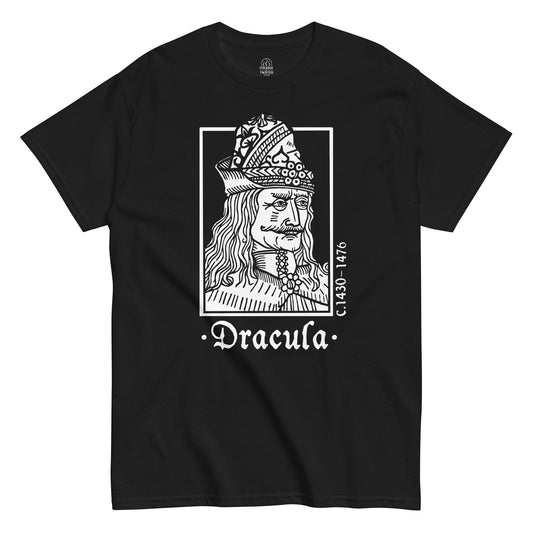 Black Dracula Vlad the Impaler T-Shirt front view, gothic horror vampire design, By strangeandtwisted.com