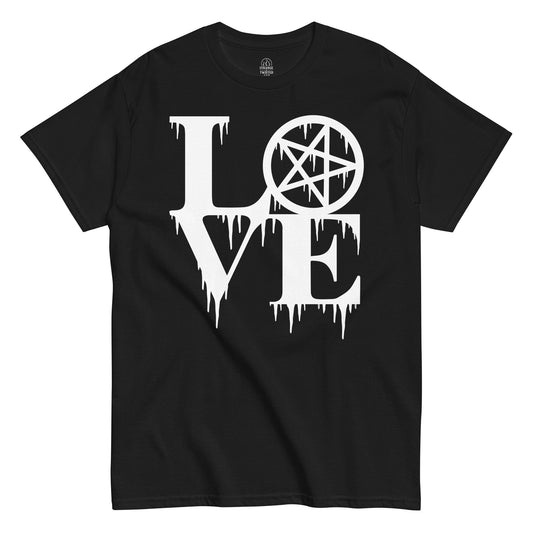 Black LOVE Pentagram T-Shirt front view, gothic witchy dripping letters Wiccan occult design, By strangeandtwisted.com