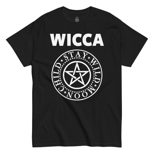 Black Wicca Stay Wild Moon Child T-Shirt front view, witchy pentagram design with gothic lettering, By strangeandtwisted.com