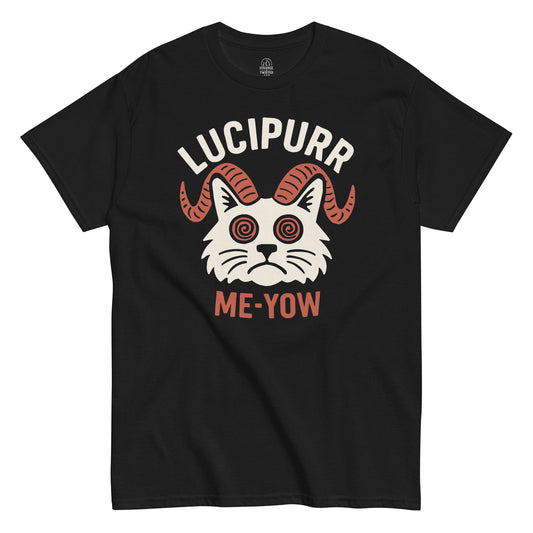 Black Lucipurr Me-Yow T-Shirt front view, funny occult cat parody gothic design, By strangeandtwisted.com