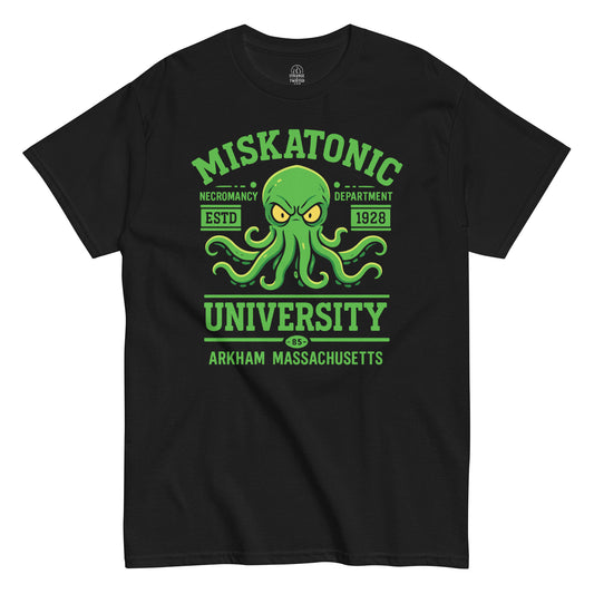 Black Miskatonic University T-Shirt front view, Cthulhu Lovecraft horror parody design, By strangeandtwisted.com