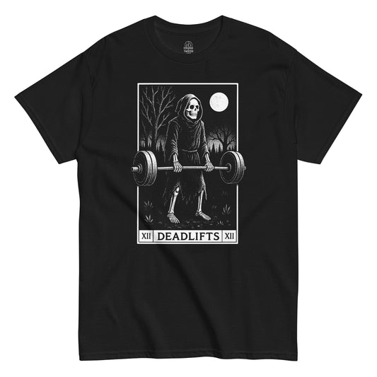 Black Deadlifts Grim Reaper T-Shirt front view, horror tarot card gym parody design, By strangeandtwisted.com
