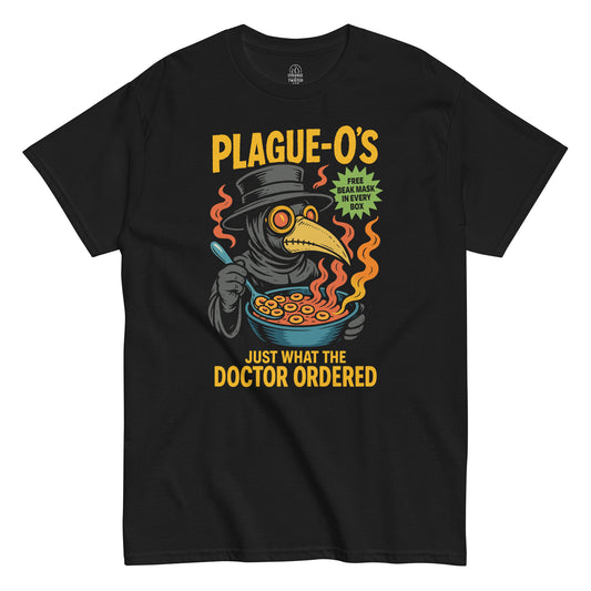 Black Plague-O’s Plague Doctor T-Shirt front view, funny horror cereal parody design, By strangeandtwisted.com