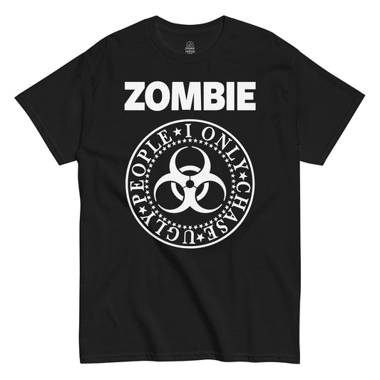 Strange & Twisted black T-shirt featuring Zombie I Only Chase Ugly People parody design with biohazard symbol
