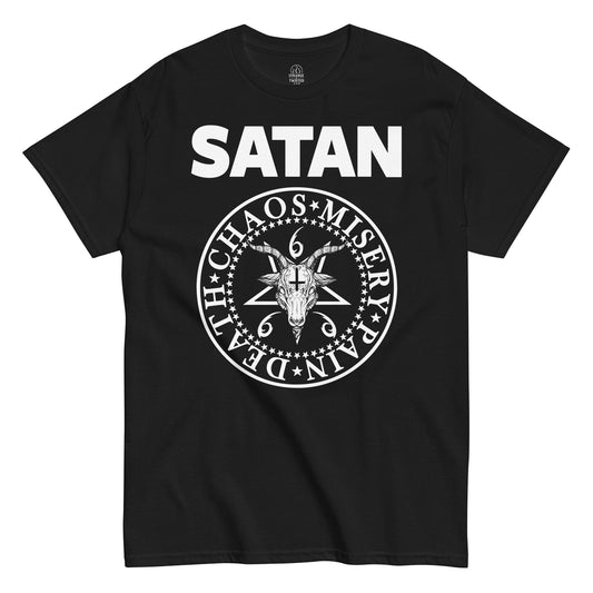 Strange & Twisted black T-shirt with satanic parody design featuring Baphomet inside pentagram