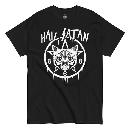 Strange & Twisted black T-shirt featuring Hail Satan Cat parody design with pentagram and gothic cat illustration