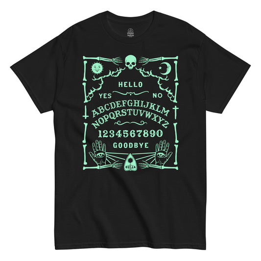 Strange & Twisted black T-shirt with Ouija Board design in mint green print featuring skeleton hands, letters, and planchette