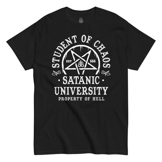 Strange & Twisted black T-shirt with Satanic University parody design featuring pentagram and Leviathan Cross symbol