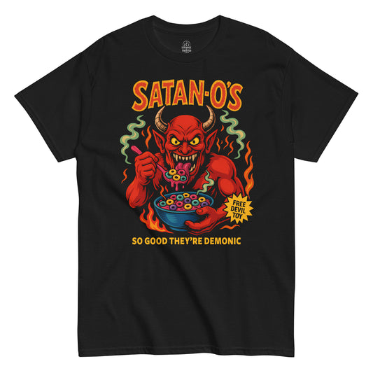 Black T-shirt featuring Satan-O’s Cereal Parody devil eating cereal in retro horror cartoon style