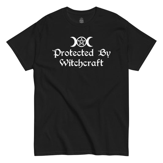 Front black Protected By Witchcraft Wiccan T-shirt with Triple Moon Goddess and pentacle design Strange And Twisted