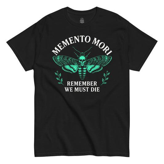 Front black Memento Mori Stoicism T-shirt with death’s-head moth and Latin quote design Strange And Twisted