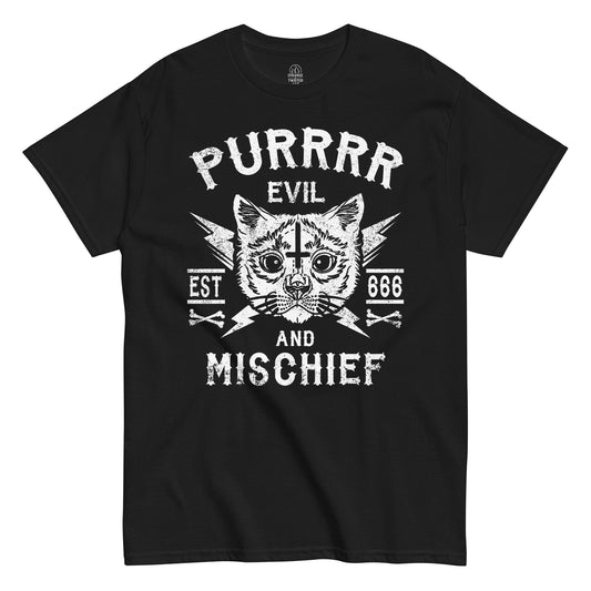 Distressed Purrr Evil And Mischief Cat T-Shirt black | StrangeAndTwisted