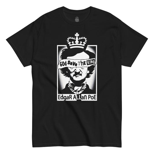 Edgar Allan Poe T-shirt on black – portrait of Poe with crown and distressed “God Save the King” banner text