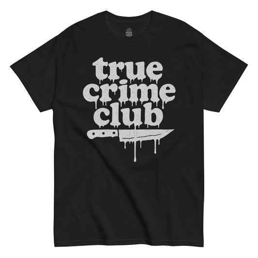 True Crime Club T-shirt on black, dripping horror lettering and knife motif for true crime documentary fans in the UK, US, and worldwide