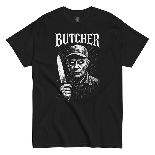 Ed Gein Plainfield horror T-shirt, white artwork of eerie vintage figure with glowing eyes, inspired by dark folklore and horror cinema