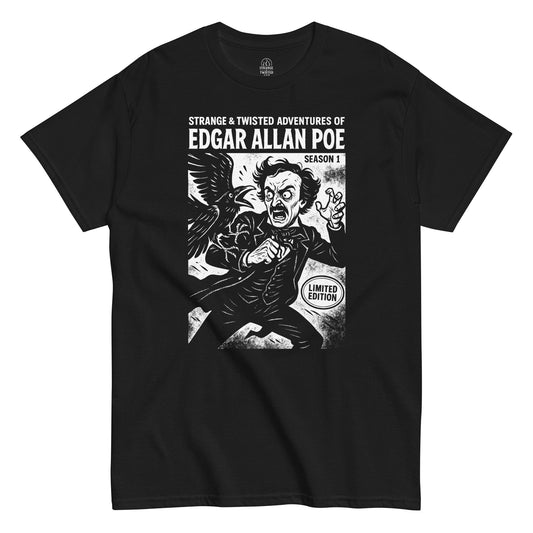 Strange & Twisted Adventures of Edgar Allan Poe T-shirt featuring white comic-style artwork of Poe and a raven on black fabric.