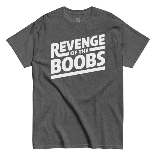 Funny sci-fi parody T-shirt in dark heather with bold Revenge of the Boobs text design, By StrangeAndTwisted.Com