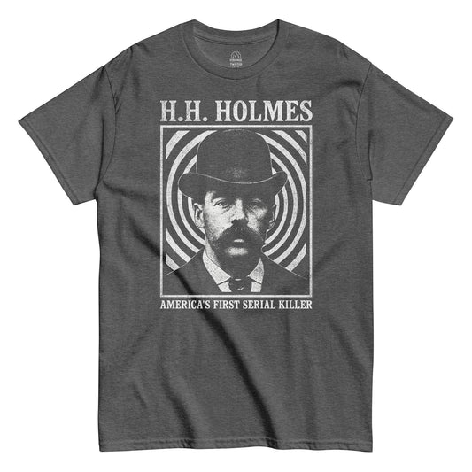 True crime T-shirt in dark heather with vintage H.H. Holmes portrait and America’s First Serial Killer text, By StrangeAndTwisted.Com