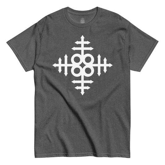 Strange & Twisted grey T-shirt featuring occult Leviathan Cross symbol in bold gothic white print