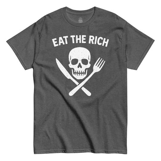 Eat The Rich rebellious punk T-shirt in grey with skull and crossbones cutlery design.