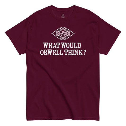 Front view red Orwell T-shirt with Orwellian eye and text print
