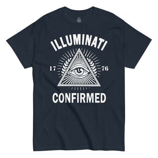 Navy Illuminati Confirmed T-Shirt front view, pyramid eye conspiracy humor design, By strangeandtwisted.com