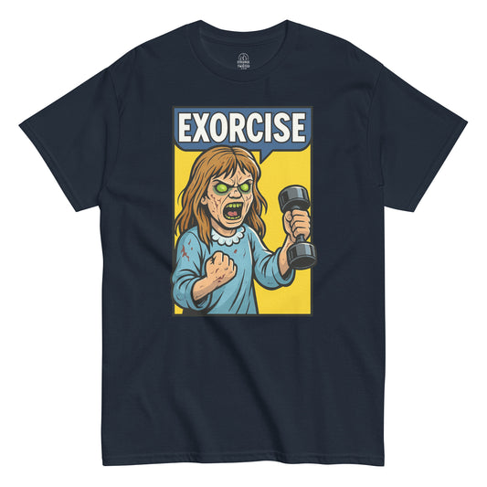 Navy Exorcise Possessed Girl T-Shirt front view, funny horror parody gym design, By strangeandtwisted.com