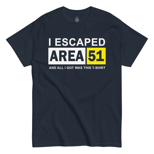 Strange And Twisted navy T-shirt featuring I Escaped Area 51 alien parody design with block text