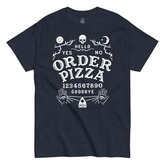 Strange And Twisted navy T-shirt with funny Ouija parody design reading Order Pizza in gothic spirit board style