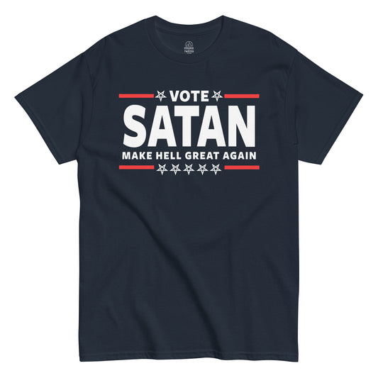 Strange And Twisted navy T-shirt featuring Vote Satan parody design styled like political campaign slogan with gothic humour
