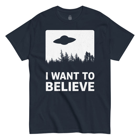 I Want To Believe UFO extraterrestrial conspiracy T-shirt navy StrangeAndTwisted