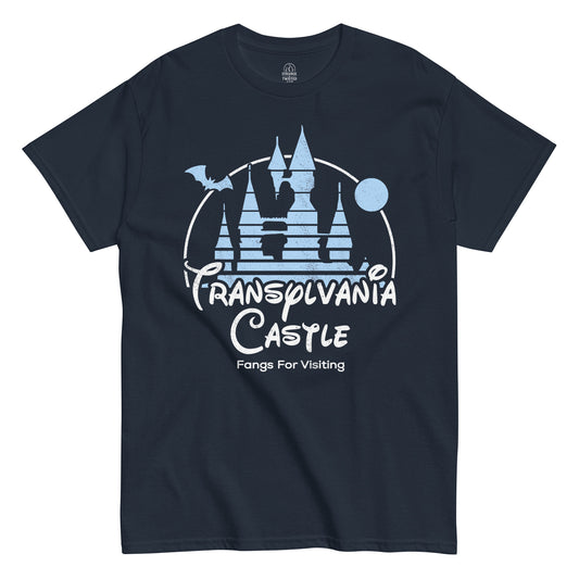 Front view Transylvania Castle Dracula Vampire Horror T-Shirt navy StrangeAndTwisted