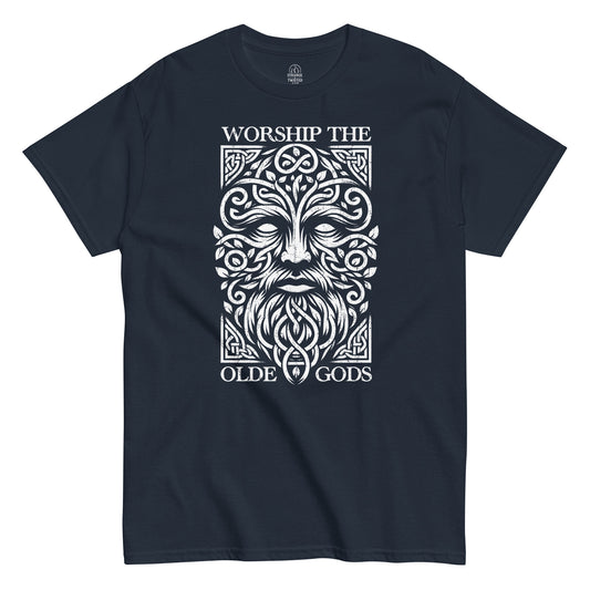 Front of navy Jack of the Woods Green Man shirt, druid and Celtic folklore design