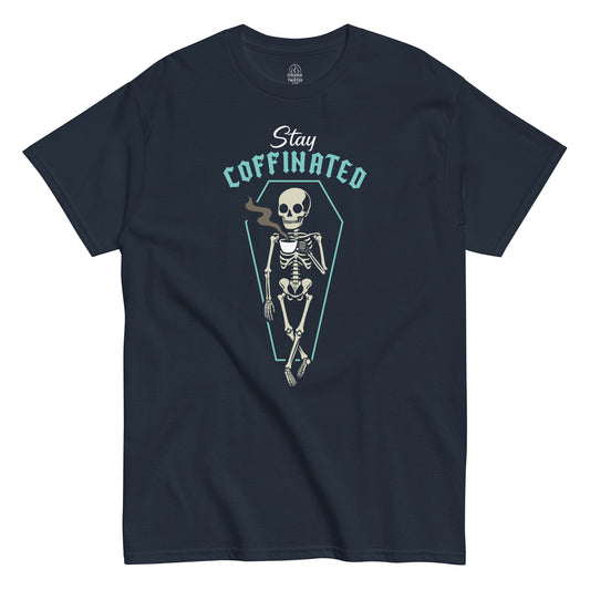 Front view navy Stay Coffinated skeleton coffee T-shirt funny gothic caffeine art