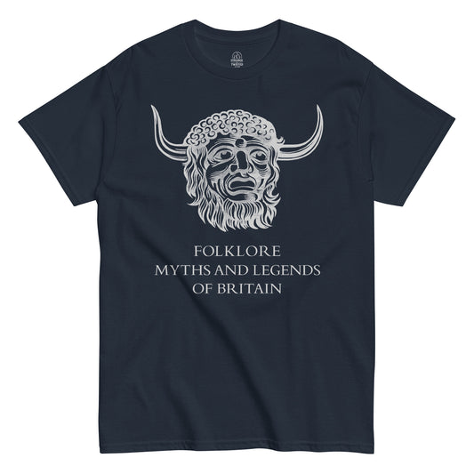 Front view navy Folklore Myths and Legends of Britain T-shirt inspired by pagan mythology and folklore