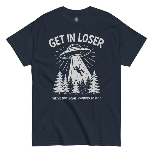 Funny alien UFO abduction shirt in navy, human silhouette being taken by flying saucer with humorous slogan.