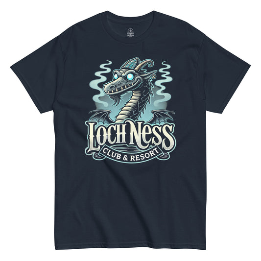Funny Loch Ness Monster T-shirt on navy – Nessie parody design with Scottish cap and resort lettering