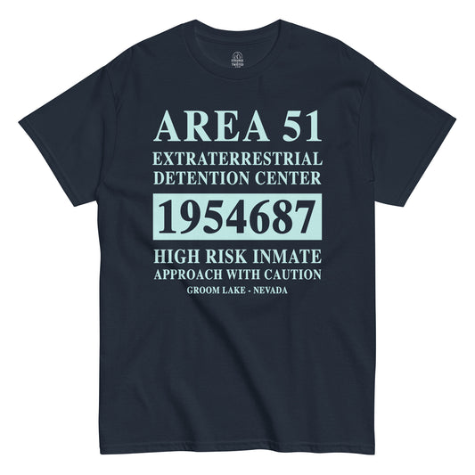 Area 51 Classified Inmate UFO T-shirt on navy background, conspiracy-inspired extraterrestrial text design for alien believers and UFO researchers