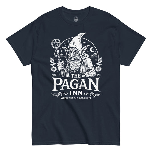 The Pagan Inn T-shirt with vintage wizard illustration in white print on navy fabric.