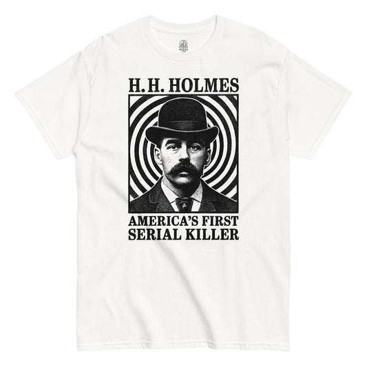 True crime fan T-shirt in white featuring vintage H.H. Holmes portrait with America’s First Serial Killer design, By StrangeAndTwisted.Com